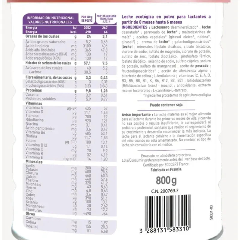 Babybio Optima 1 Lait de vache 0-6 mois, paquet de 12 x 800 grammes