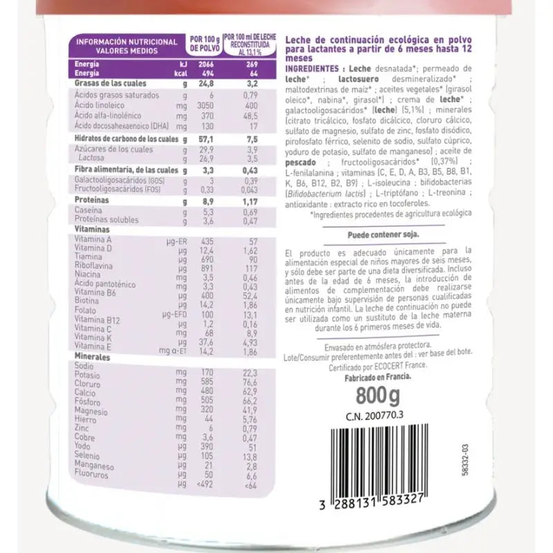 Babybio Optima 2 Lait de vache 6-12 mois, paquet de 12 x 800 grammes