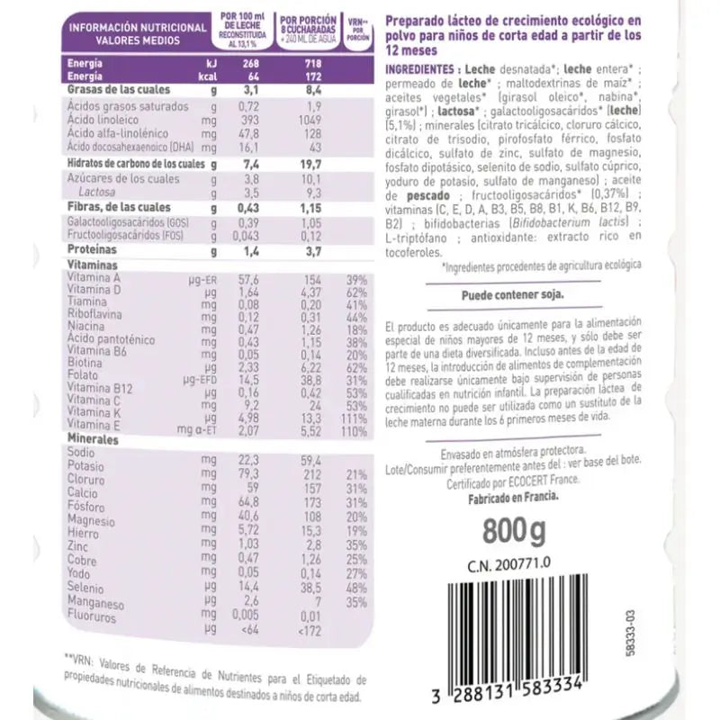 Babybio Optima 3 Lait de vache 12-36 mois, paquet de 8 x 800 grammes