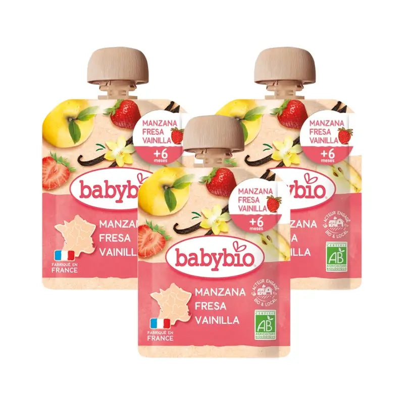 Babybio Pouch Apple Strawberry Vanilla, Pack 3 x 90 grams