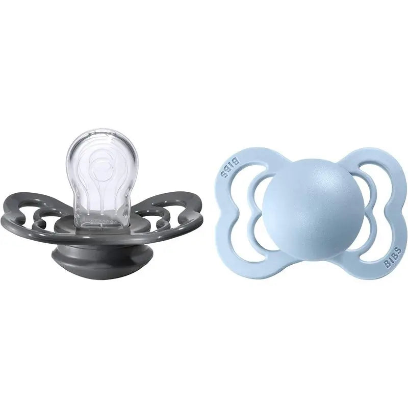 BIBS 2 Soothers Supreme Iron/Baby Blue Silicone 0/6 Months