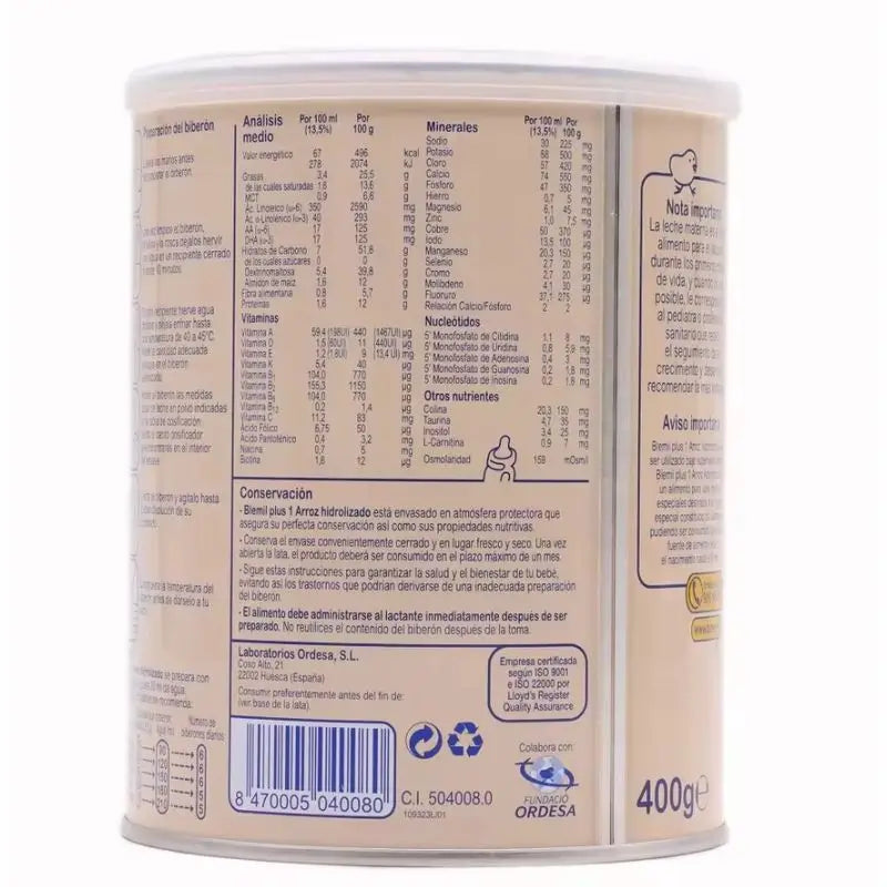 Blemil Plus 1 Canette de riz hydrolysé 400 g