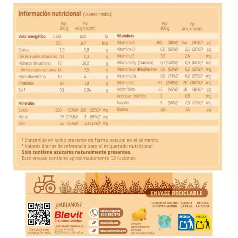 Blevit Baby Food Superfibre 8 Céréales, 500 grs.