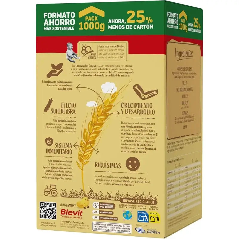 Blevit Baby Food Superfibre 8 Céréales & Miel, 1000 grs.