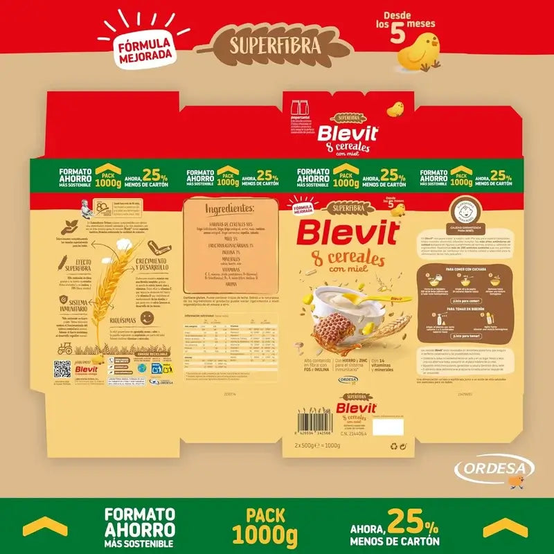 Blevit Baby Food Superfibre 8 Céréales & Miel, 1000 grs.