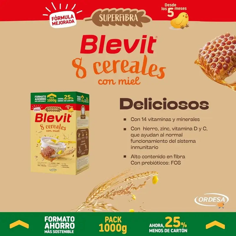 Blevit Baby Food Superfibre 8 Céréales & Miel, 1000 grs.