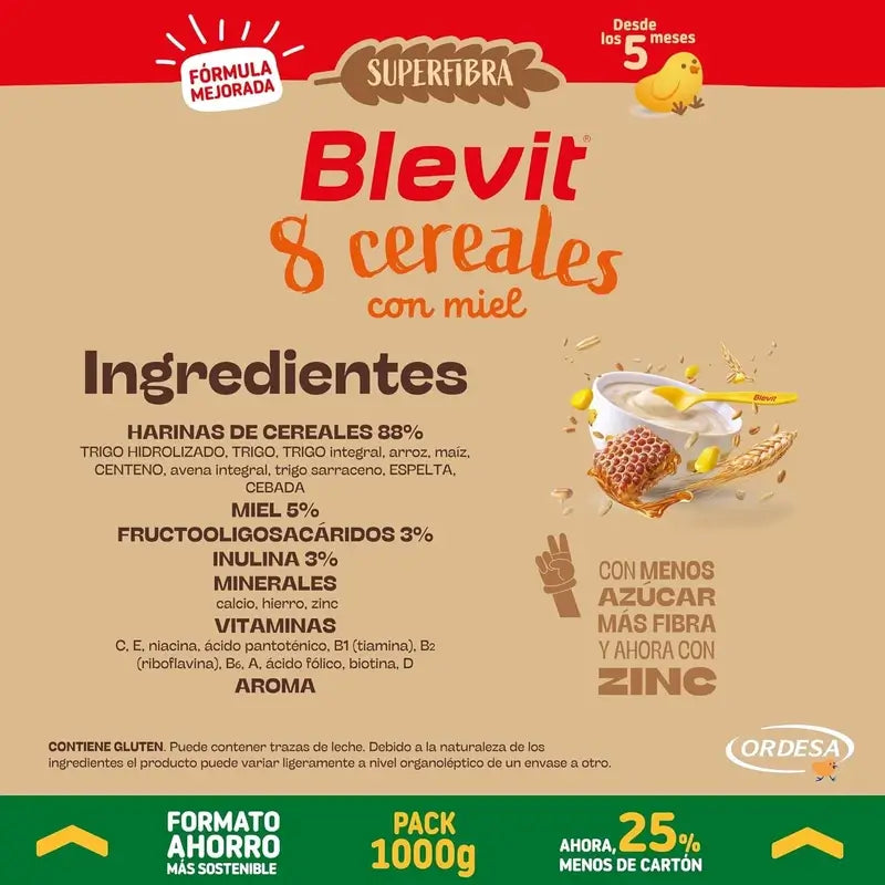 Blevit Baby Food Superfibre 8 Céréales & Miel, 1000 grs.