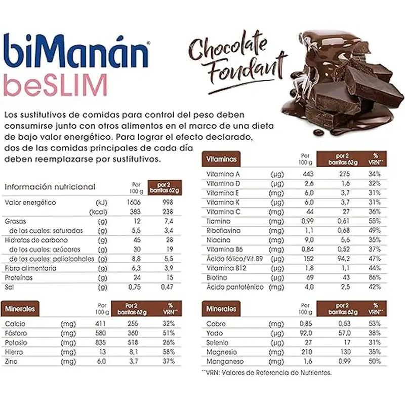 biManán Sustitutive Chocolate Fondant Bars 24 unités