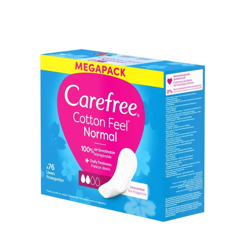 Protège-slips en coton Carefree sans parfum, protège-slips en coton respirant, sensation de fraîcheur et de douceur, 76 pcs.