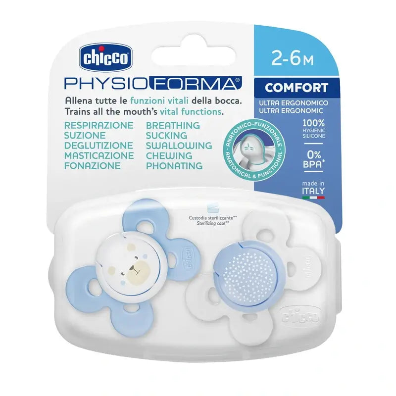 Chicco Sucette Physio Comfort Silicone Bleu 2-6M 2 pièces assorties
