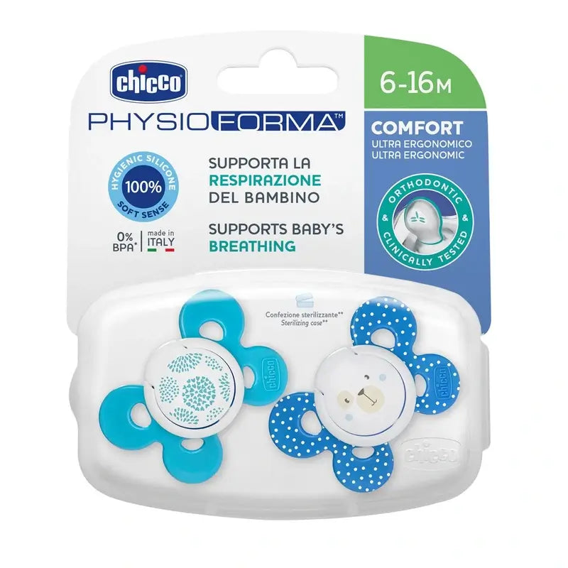 Chicco Sucette Physio Comfort Silicone Bleu 6-16M 2 pièces assorties
