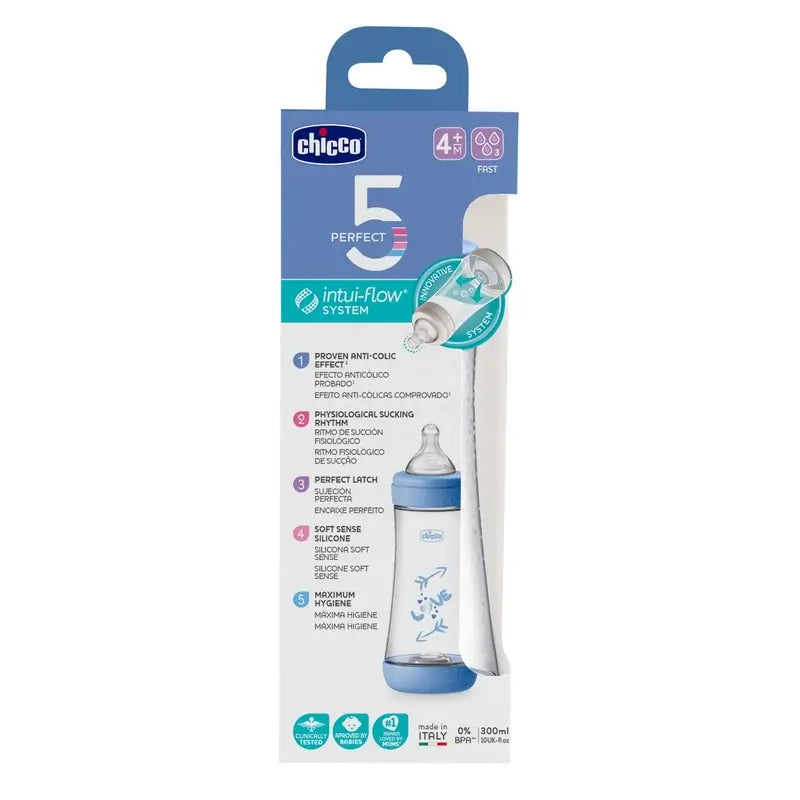 Biberon Chicco Perfect5 Bleu Quick Flow 300Ml 4M+