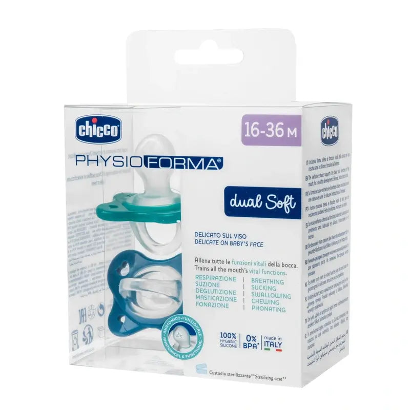 Chicco Physioforma Sucette en Silicone Douce Bleue 16-36M 2 Unités