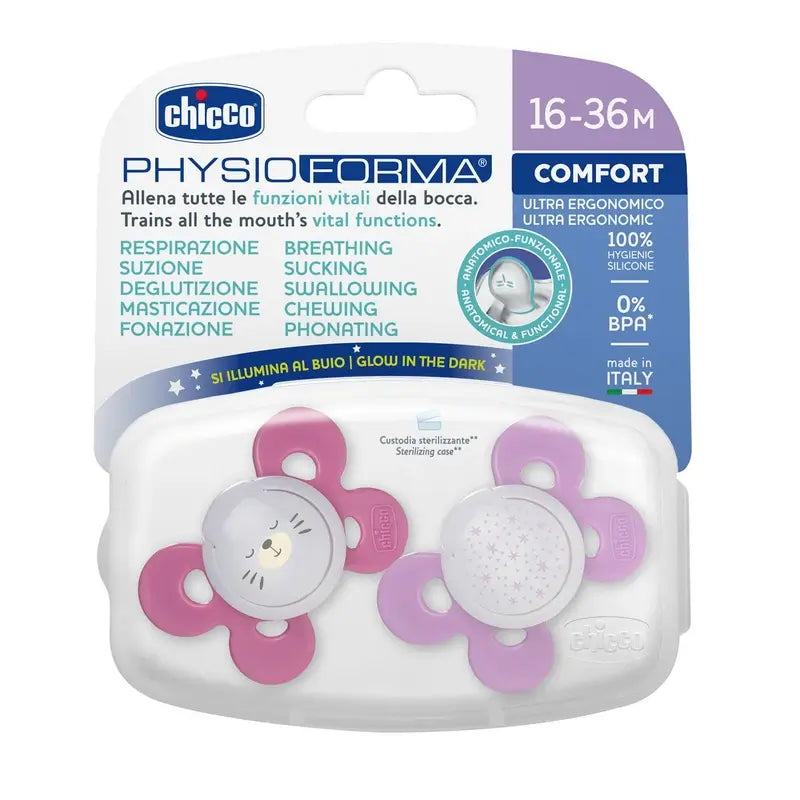 Chicco Sucette Physio Comfort Silicone Rose 16-36M 2 pièces assorties