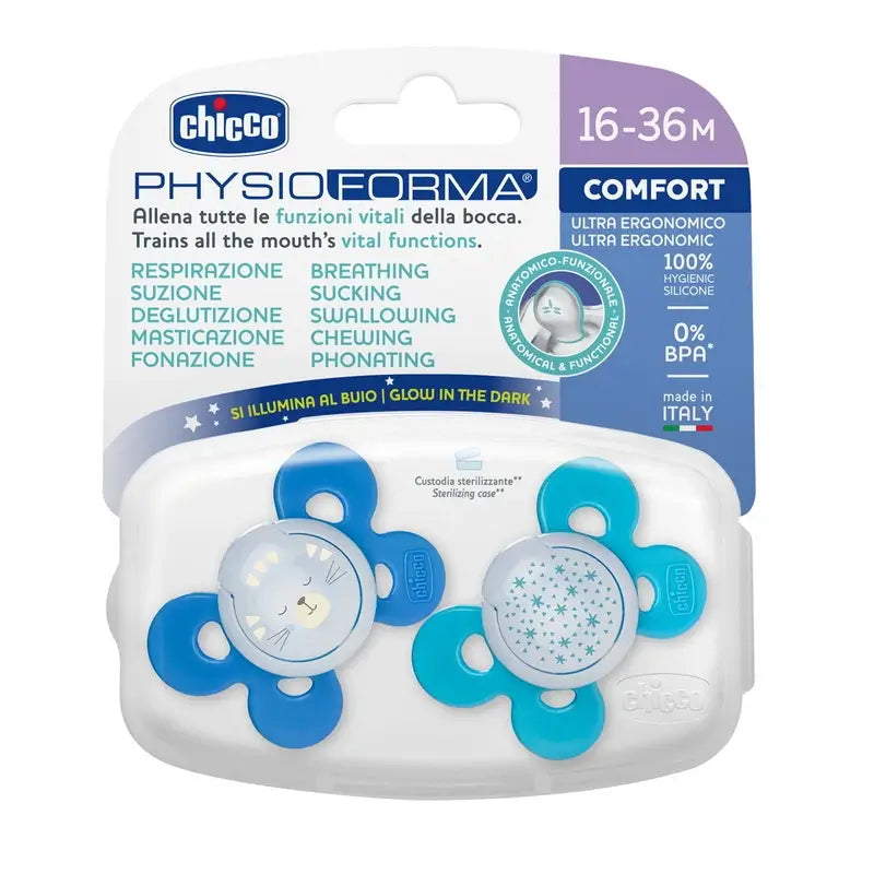 Chicco Sucette Physio Comfort Silicone Bleu 16-36M 2 pièces assorties