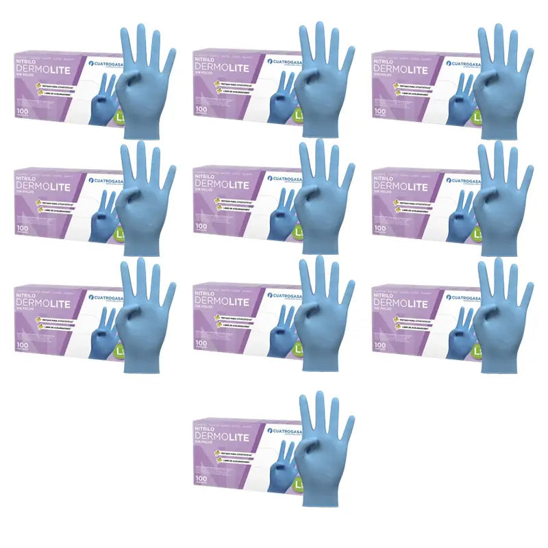 Cuatrogasa Dermolite Powder Free Nitrile Gloves Blue Size L, 10X100 Units