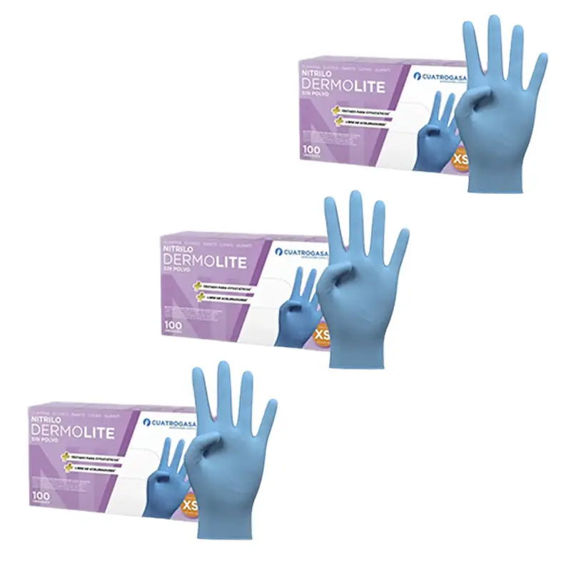 Cuatrogasa Dermolite Powder Free Nitrile Gloves Blue Size Xs, 3X100 Units