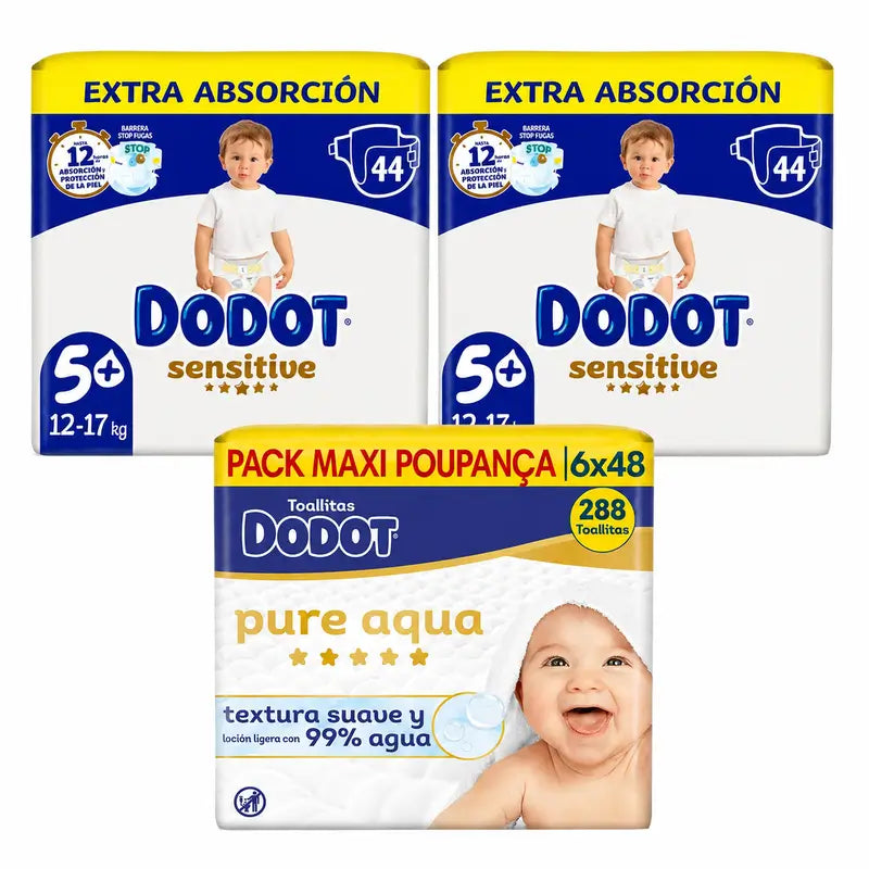 Dodot Sensitive Extra Jumbo Size 5, 88 Nappies + Dodot Pure Aqua 288 Wipes