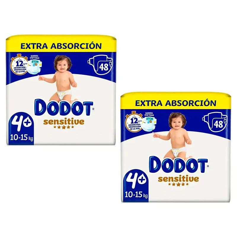 Dodot Sensitive Nappies Extra Absorbency 10-15 kg Size 4+, Pack 2 x 48 Units