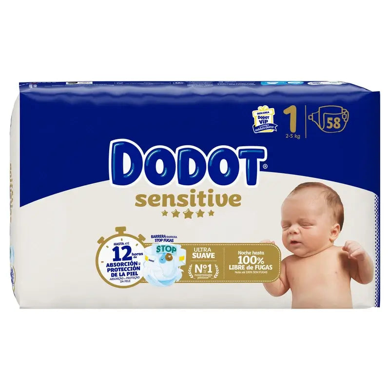 Dodot Sensitive Taille 1 (2-5 Kg), 58 couches