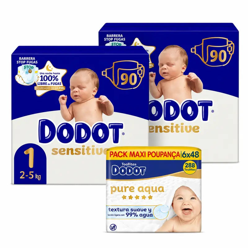 Dodot Sensitive Taille 1, 2kg-5kg, 180 couches + Dodot Pure Aqua 288 lingettes