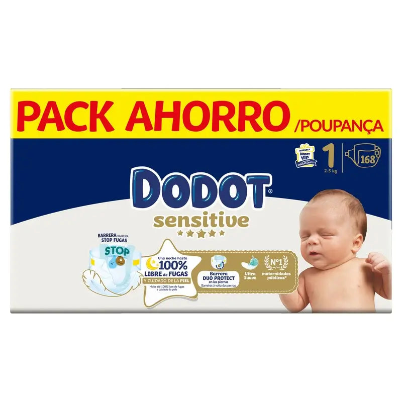 Dodot Sensitive Taille 1, Couches, 2Kg-5Kg , 168 pcs