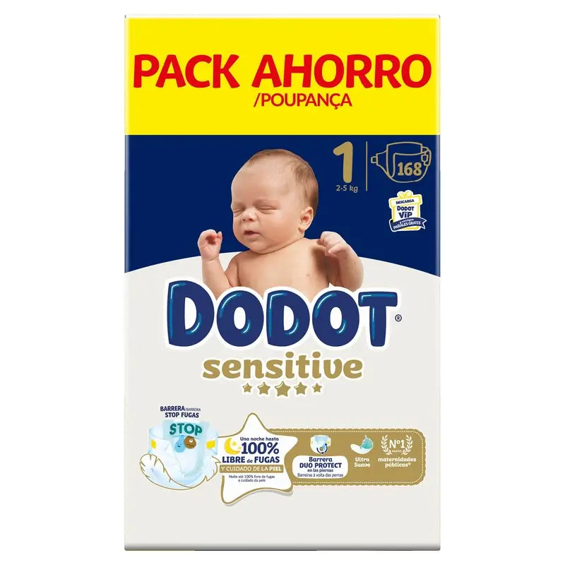 Dodot Sensitive Taille 1, Couches, 2Kg-5Kg , 168 pcs