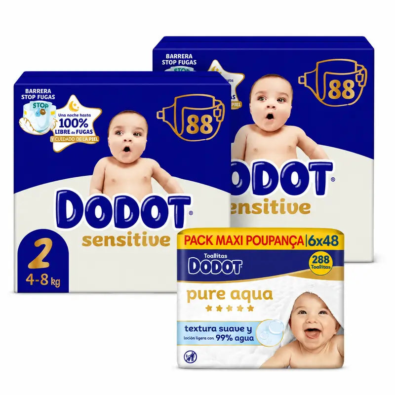 Dodot Sensitive Size 2, 4kg-8kg, 176 Nappies + Dodot Pure Aqua 288 Wipes