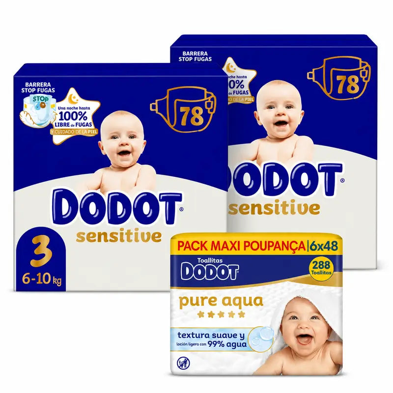 Dodot Sensitive Size 3, 6kg-10kg, 156 Nappies + Dodot Pure Aqua 288 Wipes
