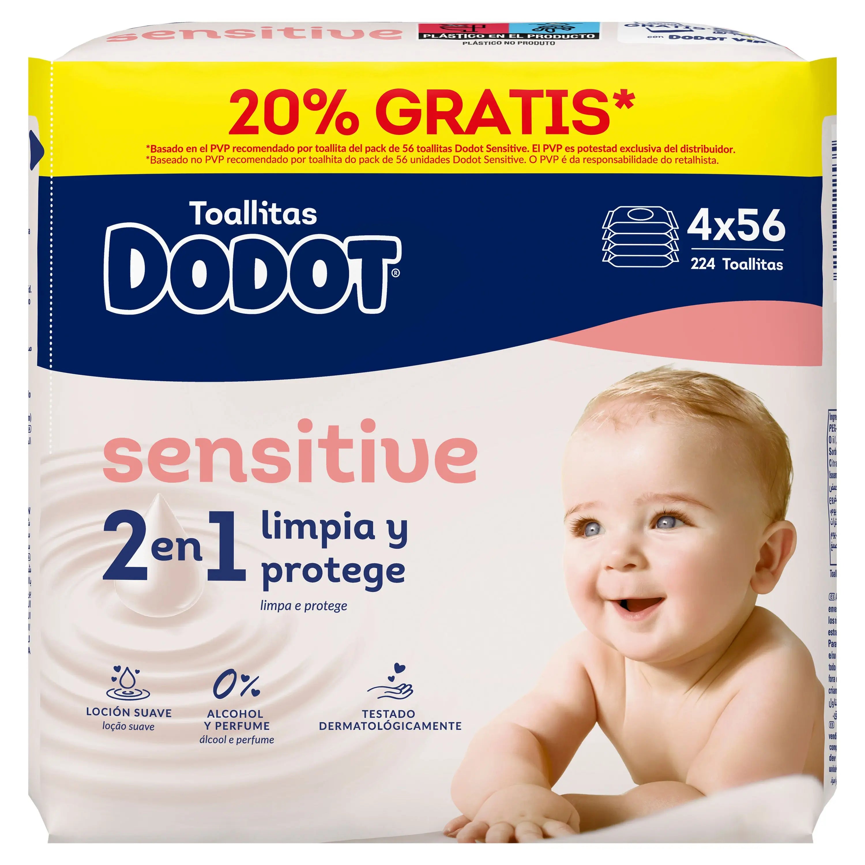Dodot Sensitive Wipes, 4x56, 224 pieces (20% FREE)