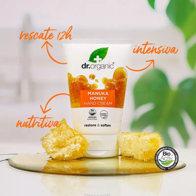 Crème pour les mains et les ongles au miel de Manuka Dr. Organic Peau sèche et sensible, 125 ml