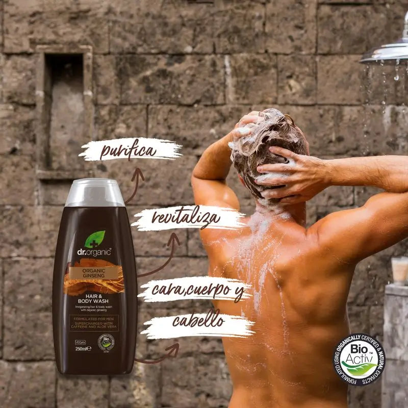 Gel pour le bain et les cheveux au ginseng Dr. Organic 250ml.
