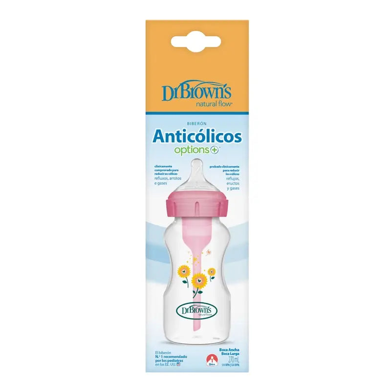 Dr.Brown's Wide Mouth Baby Bottle Pink Flowers Pp Options+ , 270 ml