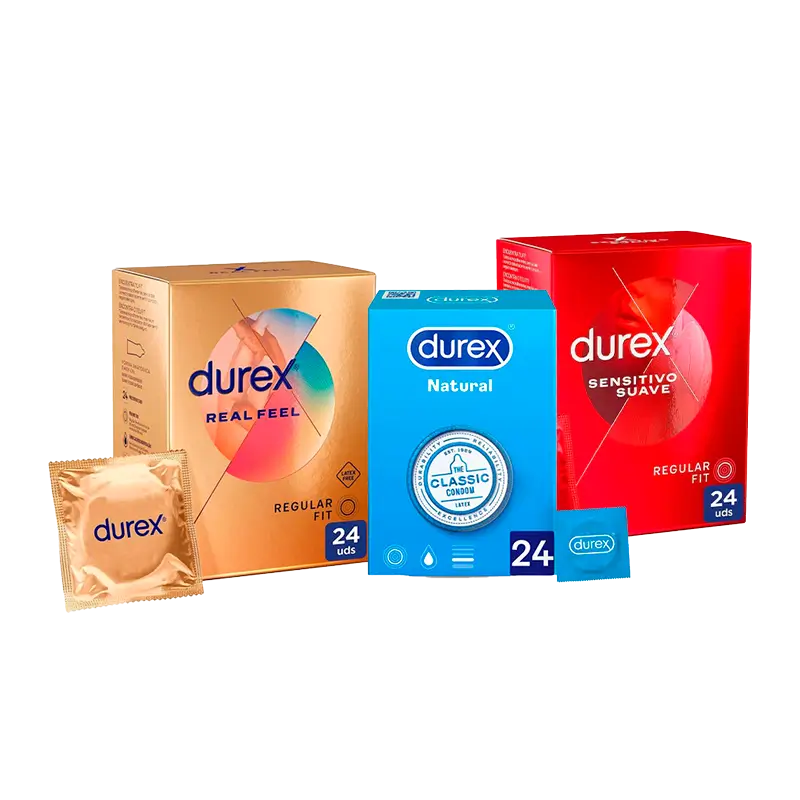 Durex Pack Condoms Natural Plus, 24 Units + Sensitive Soft, 12 Units + Real Feel, 24 Units