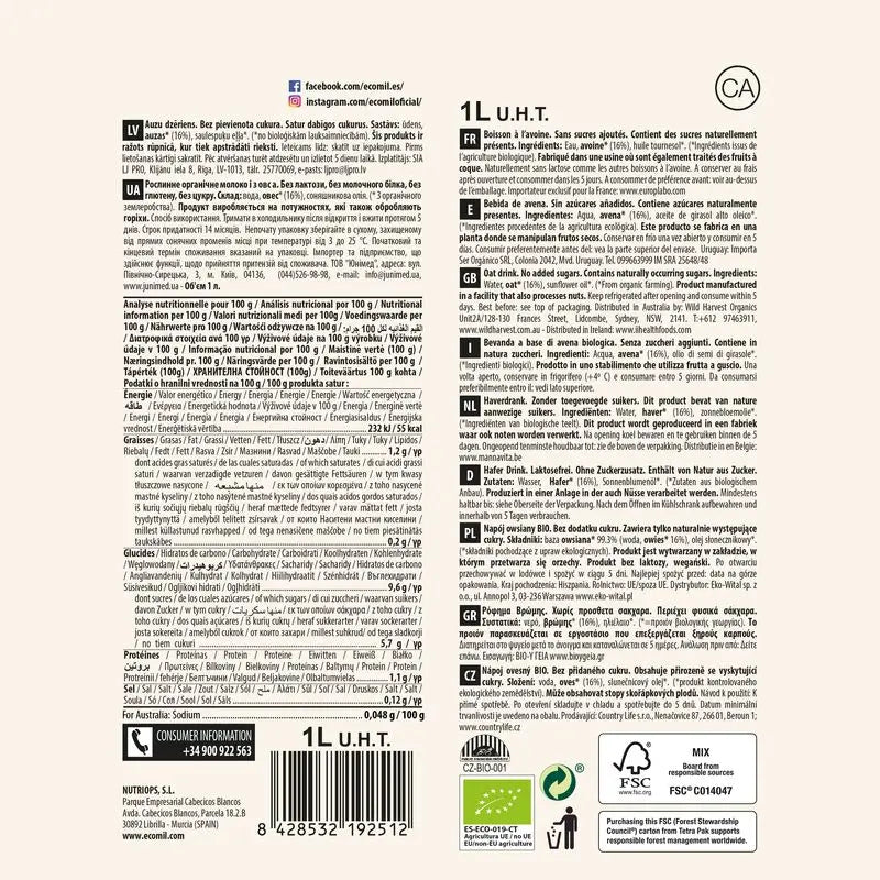 Ecomil Avoine Sans Sucre Ajouté Bio, 1 l