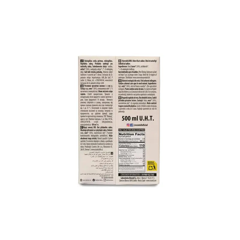 Ecomil Avoine Sans Sucre Ajouté Bio , 500 ml