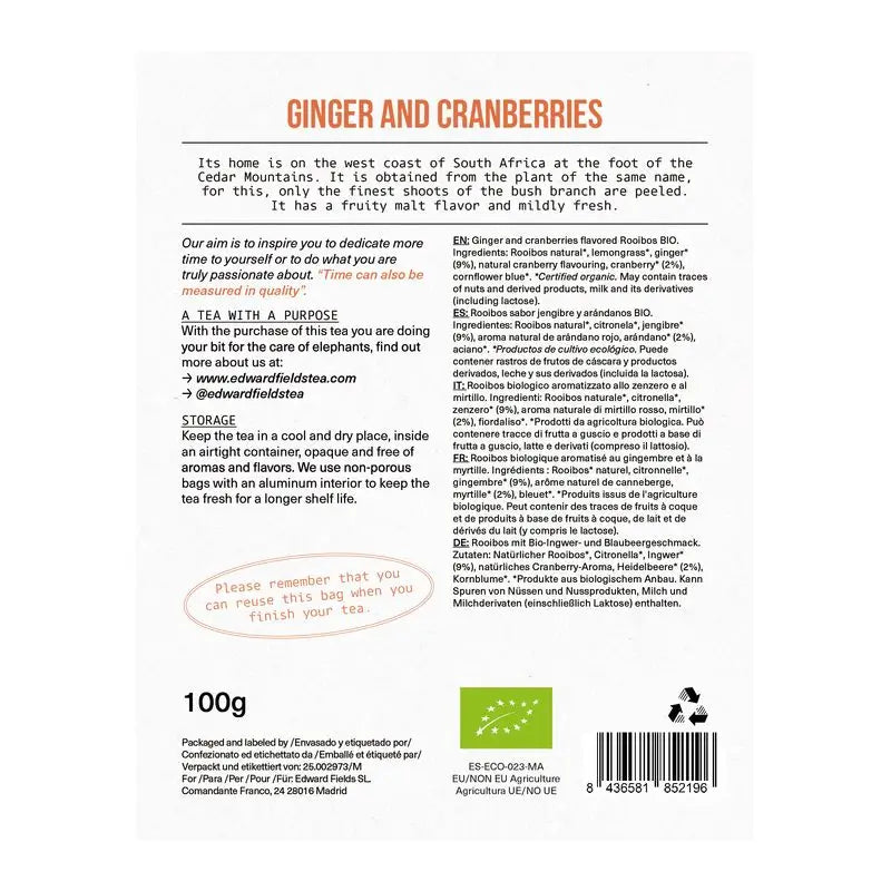 Edward Fields Tea Infusion de Rooibos, gingembre et myrtilles en vrac 50 tasses, 100 grammes