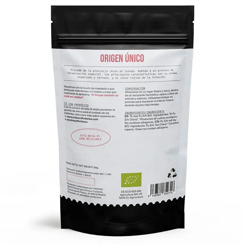 Edward Fields Tea Thé Pu Erh Rouge Bio en vrac 30 tasses , 60 grammes