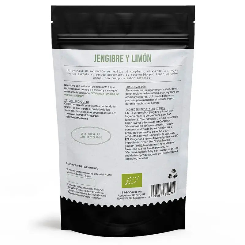 Edward Fields Tea Thé vert biologique en vrac avec gingembre et citron 30 tasses, 60 grammes