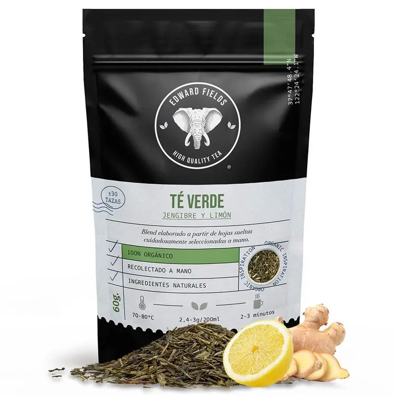 Edward Fields Tea Organic Green Tea in Bulk with Ginger and Lemon 30 Cups, 60 grams