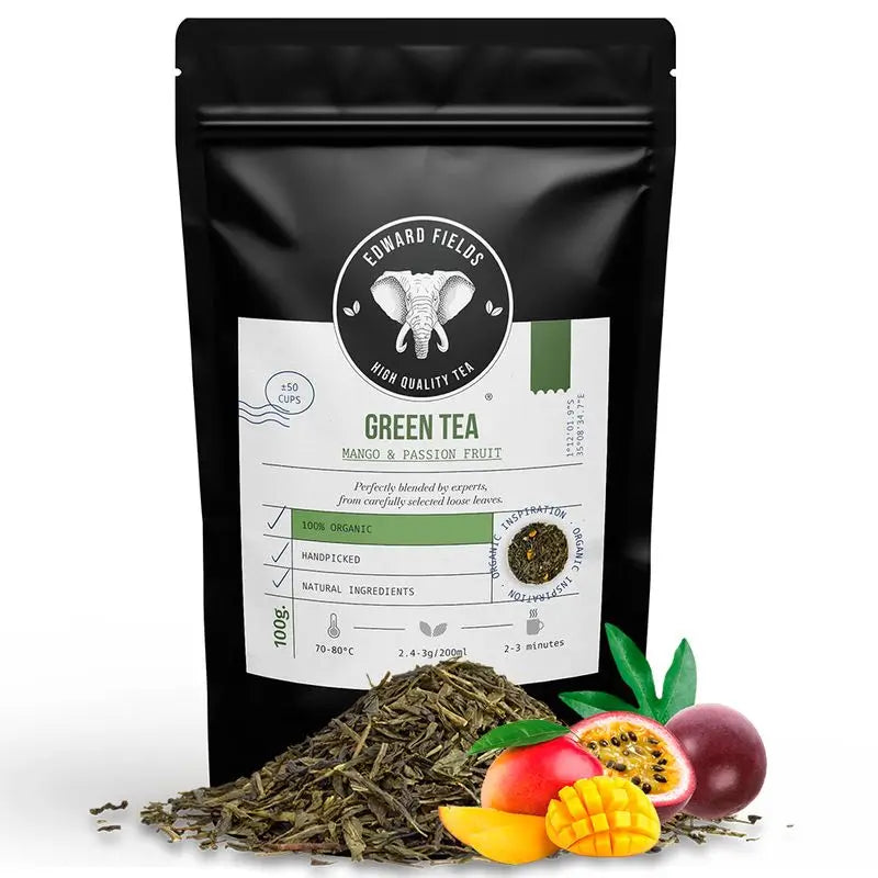 Edward Fields Tea Organic Green Tea in Bulk with Mango and Passion Fruit 50 Cups , 100 grams