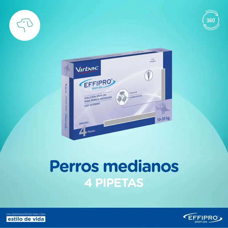 Effipro 134 Mg Spot-On Chiens Moyens 10-20kg, 4 Pipettes