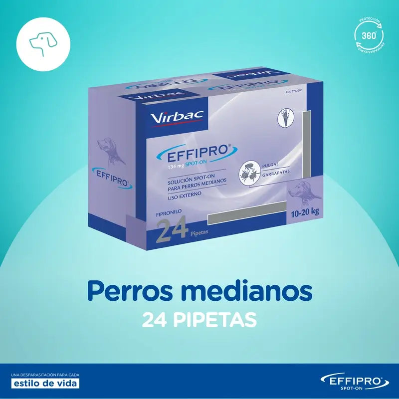 Effipro 134 Mg Spot-On Chiens moyens 10-20 kg, 24 Pipettes