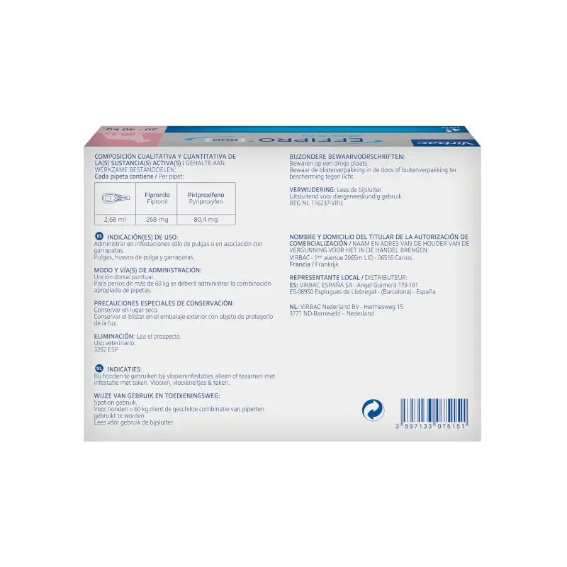 Effipro Duo Spot-On Grand Chien 20-40Kg, 4 Pipettes