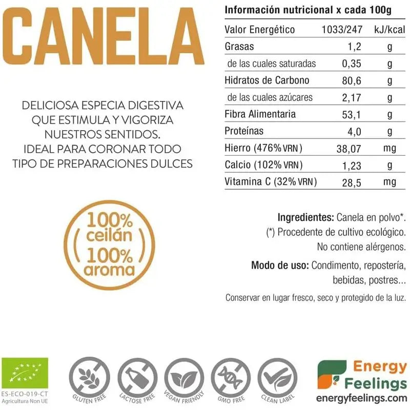Energy Feelings Cannelle en poudre 1Kg. Eco Vegan Sg