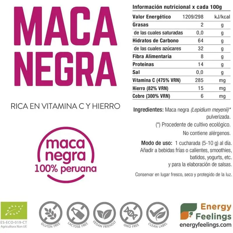 Energy Feelings Black Maca Powder 1Kg. Eco Vegan Sg