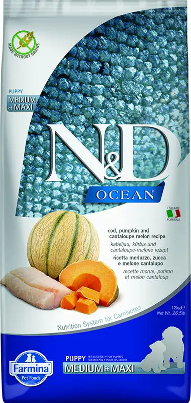 Farmina N&D Dog Ocean Puppy Codfish Pumpkin Medium Maxi 12Kg, dog food for puppies