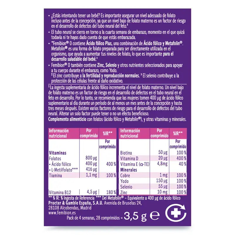 Femibion 0 Planification de la grossesse avec acide folique plus, 3X28 comprimés