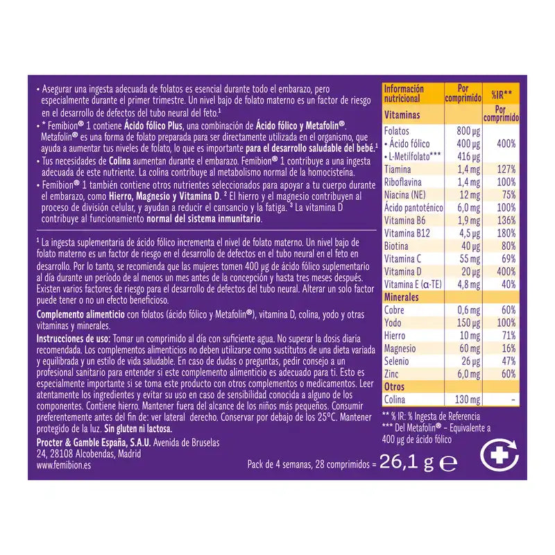 Femibion 1 Premier trimestre de grossesse, Semaines 1-12, Acide Folique Plus, 28 Comprimés