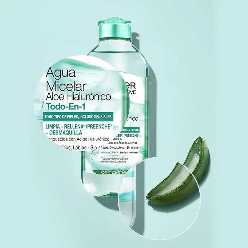Garnier Aloe Hyaluronic Micellar Water All In 1 Cleanses, Make-Up & Replenishes Face, Eyes, Lips - No Rinsing